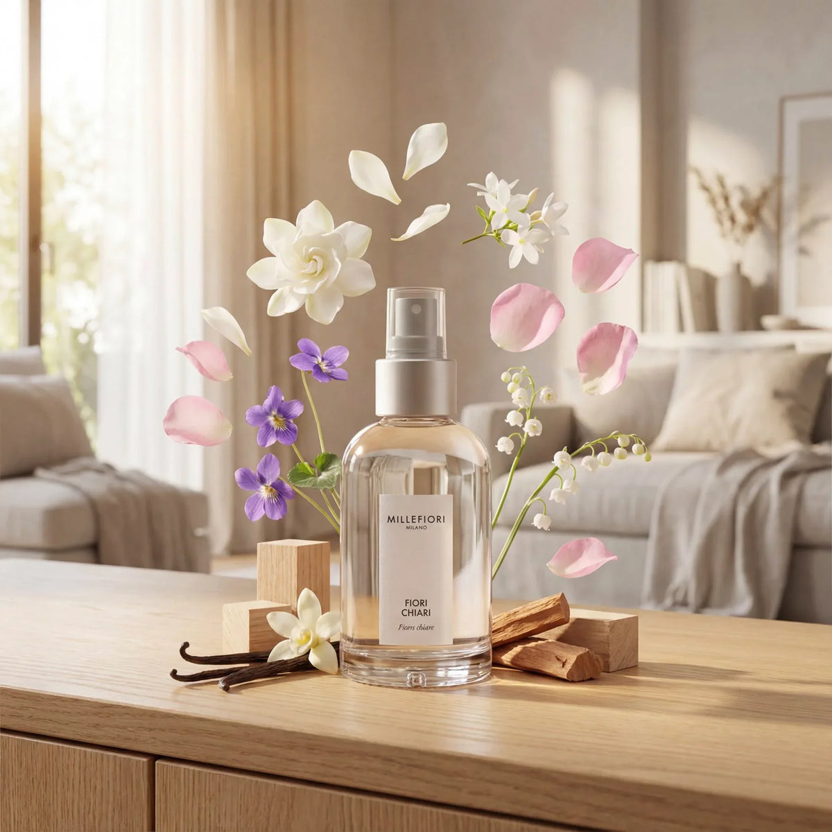 Milano Home Spray 100 ml Fiori Chiari van Millefiori, in een gestileerde detailopstelling