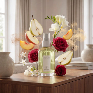 Milano Home Spray 100 ml Fresia e Pera van Millefiori, in een gestileerde detailopstelling