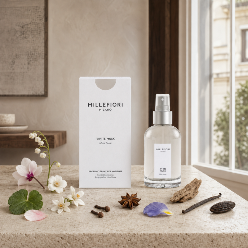 Milano Home Spray 100 ml White Musk van Millefiori, toegepast in een sfeervolle interieursetting