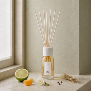 Milano Reed Diffuser 100 ml Lime & Vetiver van Millefiori, toegepast in een sfeervolle interieursetting