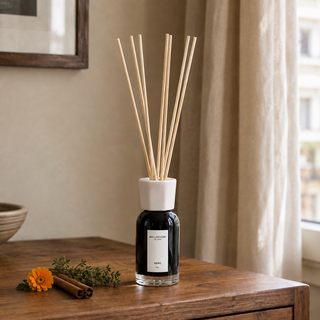 Millefiori Milano Reed Diffuser 100 ml Nero op een houten dressoir met kaneel, tijm en goudsbloem.