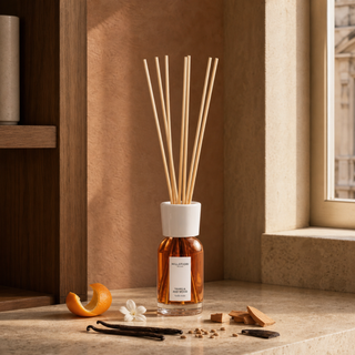 Milano Reed Diffuser 100 ml Vanilla & Wood van Millefiori, toegepast in een sfeervolle interieursetting