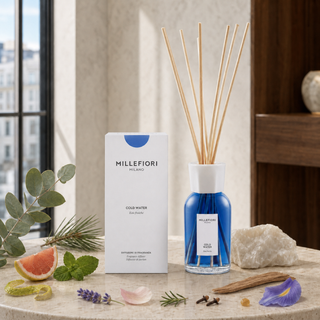 Milano Reed Diffuser 250 ml Cold Water van Millefiori, toegepast in een sfeervolle interieursetting