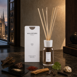 Milano Reed Diffuser 250 ml Ombra van Millefiori, toegepast in een sfeervolle interieursetting