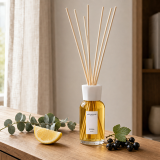 Millefiori Milano Reed Diffuser 250 ml Riviera op een houten console met citroen, eucalyptus en zwarte bes in zacht raamlicht.