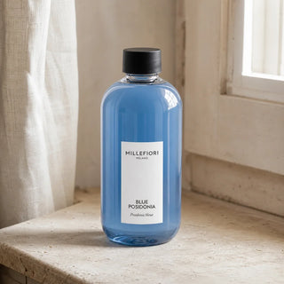 Detail van Milano Refill 250 ml Blue Posidonia, gesloten navulfles met zwarte dop en wit etiket.