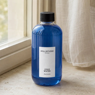 Detail van Milano Refill 250 ml Cold Water, gesloten navulfles met zwarte dop en wit etiket.