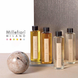 Millefiori Milano geurdiffusers met natuurlijke oliën in glazen flessen, geur: Orange Tea, Sweet Narcissus en Muschio &