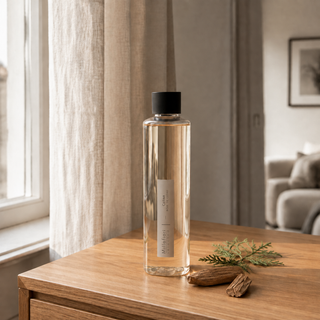 Millefiori Selected Cedar navulfles met zwarte dop op een houten dressoir, met cederhout als geuraccent.