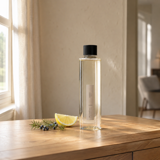 Millefiori Selected Mirto navulfles in een lichte Europese woonkamer met citroen en jeneverbes.