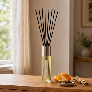 Millefiori Selected geurstokjes Orange Tea 100ml op hout met sinaasappel, theeblad en vetiver in natuurlijk raamlicht.