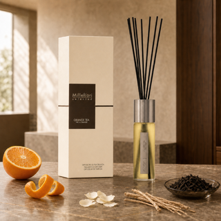 Selected geurstokjes Orange Tea 100ml van Millefiori, toegepast in een sfeervolle interieursetting