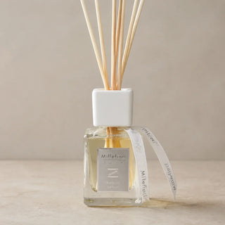 Detail van Millefiori Zona geurstokjes Keemun 100ml met vierkante glazen flacon, witte kraag en bedrukte lintjes.
