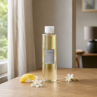Millefiori Zona Keemun navulling 250 ml op hout met citroenschil en kleine witte bloemen in natuurlijk daglicht.