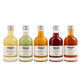 Vijf Nicolas Vahé azijnen van 200 ml: limoen, komkommer, mango, framboos en sherry.