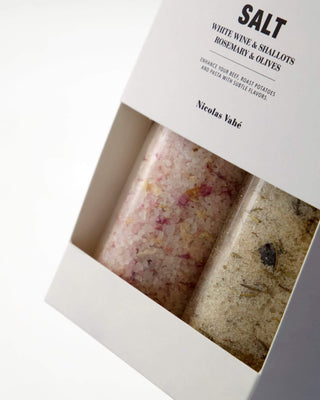Cadeaubox Witte Wijn & Sjalot Zout + Rozemarijn & Olijf Zout, vanuit een aanvullend aanzicht van de cadeauset