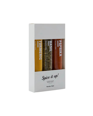 Kruidenmix Basil paprika chilli turmeric - set van 3 van Nicolas Vahe, met etiket en verpakking duidelijk zichtbaar