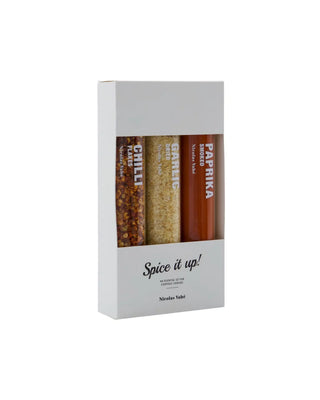 Kruidenmix Chilli garlic smoked paprika - set van 3 van Nicolas Vahe, met etiket en verpakking duidelijk zichtbaar