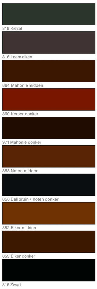 Donkere hout retouche stiften van Oranje Furniture Care, met de beschikbare kleuren en toepassingen zichtbaar