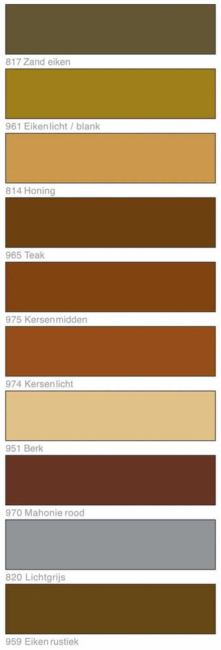 Lichte hout retouche stiften van Oranje Furniture Care, met de beschikbare kleuren en toepassingen zichtbaar