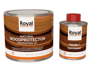 Royal Natural Woodprotector Professional 2K en harder in bruine en rode verpakkingen
