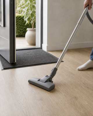 Zand en stof van een PVC-vloer verwijderen met een zachte stofzuigmond