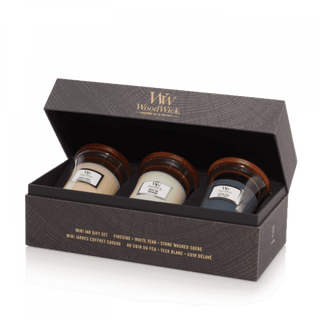 WoodWick mini kaarsen geschenkset in donkere doos met drie geuren